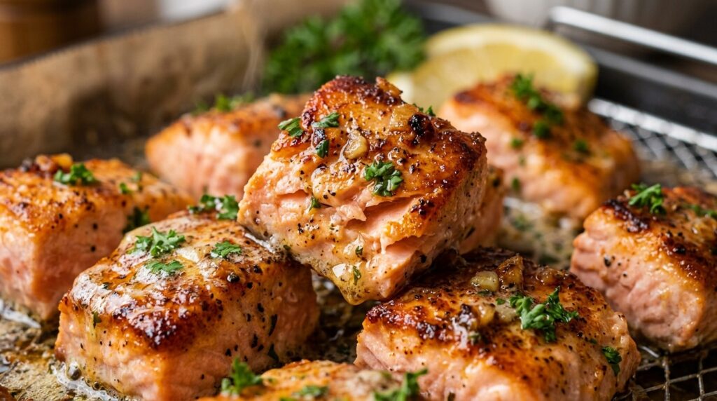 Ultra close-up macro food photography of Air Fryer Garlic Butter Salmon Bites with caramelized crispy edges