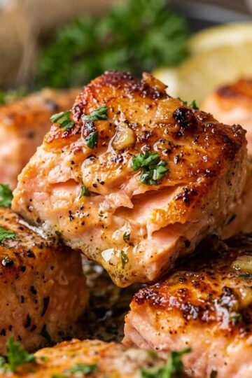 Ultra close-up macro food photography of Air Fryer Garlic Butter Salmon Bites with caramelized crispy edges