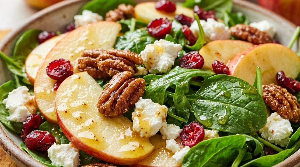 Ultra close-up macro food photography of Autumn Harvest Honeycrisp Apple Salad with candied pecans and goat cheese