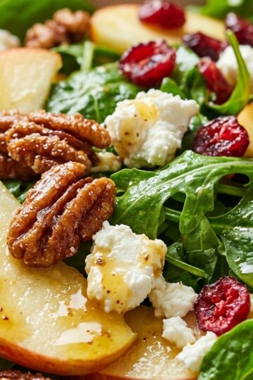 Ultra close-up macro food photography of Autumn Harvest Honeycrisp Apple Salad with candied pecans and goat cheese