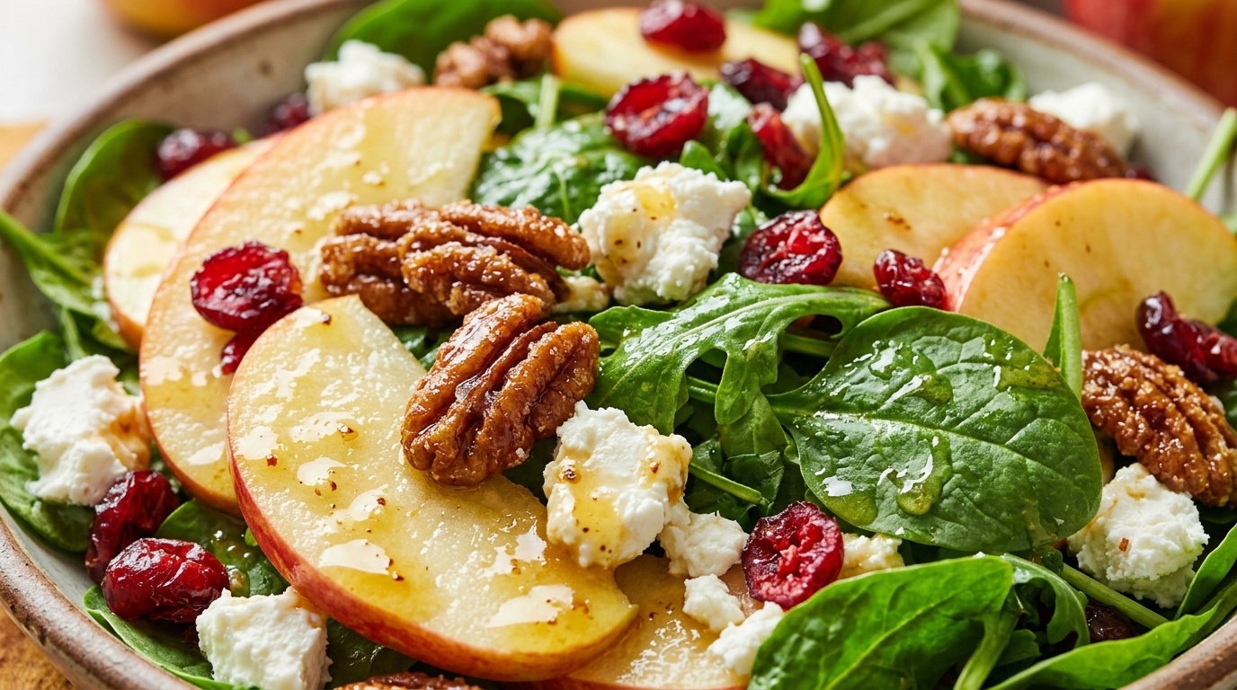 Ultra close-up macro food photography of Autumn Harvest Honeycrisp Apple Salad with candied pecans and goat cheese