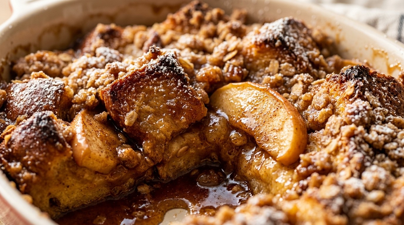 Ultra close-up macro food photography of baked apple cinnamon french toast casserole with golden caramelized brioche and streusel