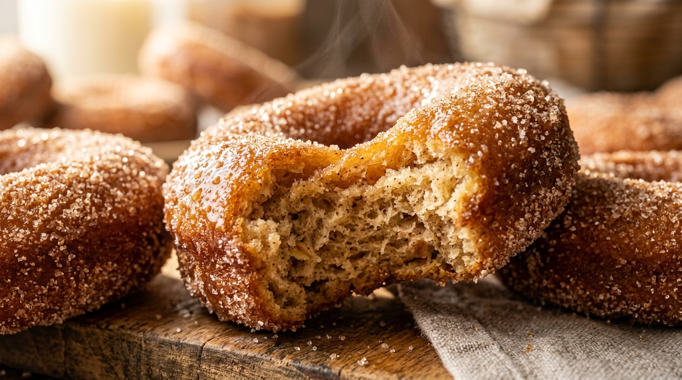Ultra close-up macro texture of warm baked cinnamon sugar apple cider donuts with soft cakey crumb and glistening sugar crystals