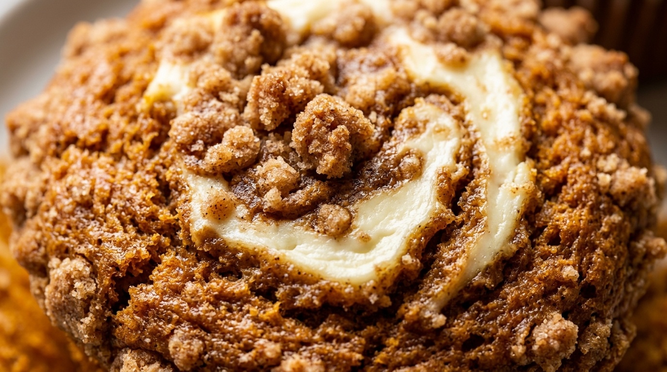Ultra close-up macro food photography of Bakery Style Pumpkin Cream Cheese Muffins with streusel and cheesecake swirl
