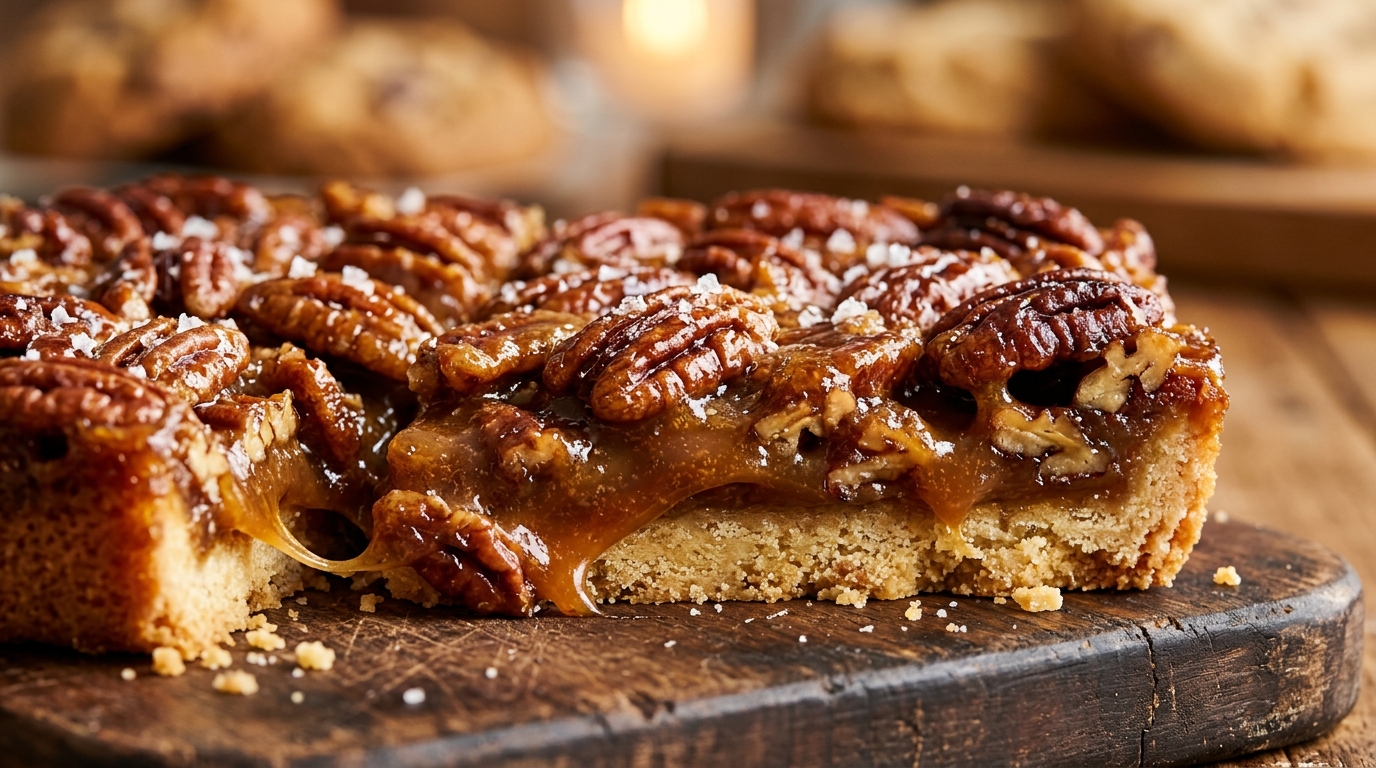 Ultra close-up macro food photography of buttery brown sugar pecan pie bars with golden shortbread crust, glossy caramel, and toasted pecans