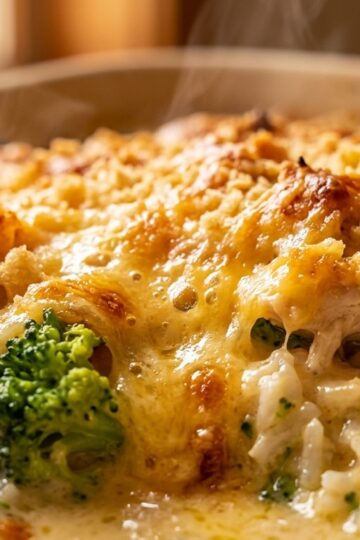 Ultra close-up macro food photography of freshly baked Cheesy Chicken Broccoli Rice Casserole with bubbling cheddar