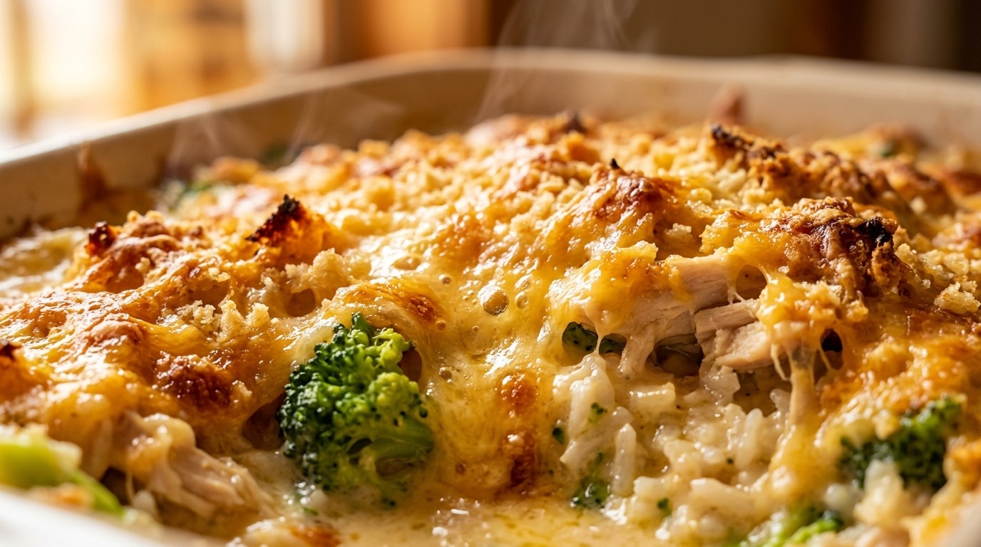 Ultra close-up macro food photography of freshly baked Cheesy Chicken Broccoli Rice Casserole with bubbling cheddar