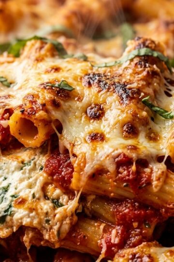 Ultra close-up macro food photography of Cheesy Creamy Baked Ziti Pasta Casserole with bubbling mozzarella