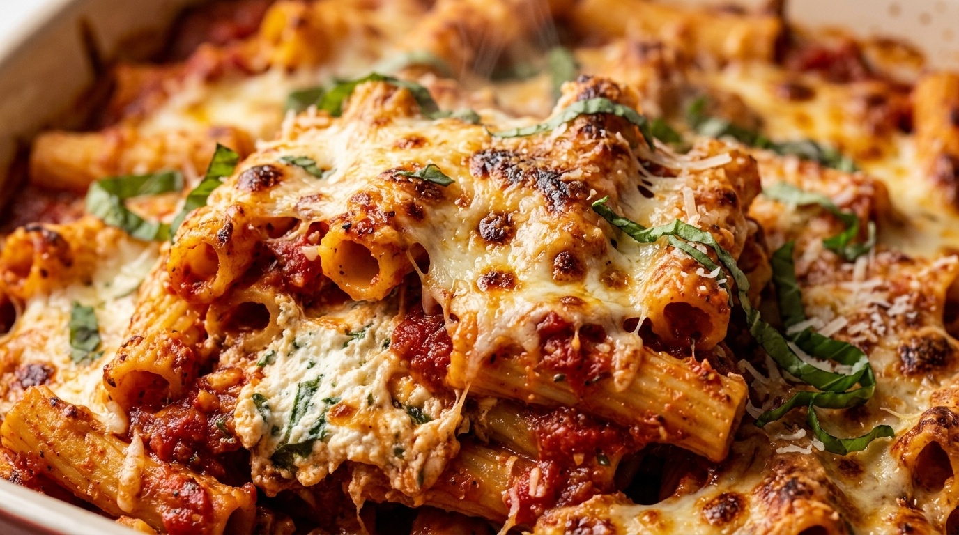 Ultra close-up macro food photography of Cheesy Creamy Baked Ziti Pasta Casserole with bubbling mozzarella