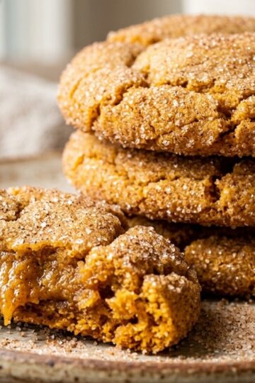 Ultra close-up macro food photography of Soft Chewy Pumpkin Snickerdoodle Cookies with crinkled tops and cinnamon sugar