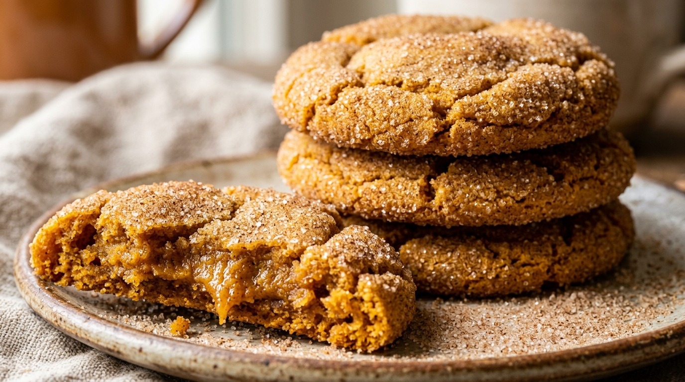 Ultra close-up macro food photography of Soft Chewy Pumpkin Snickerdoodle Cookies with crinkled tops and cinnamon sugar