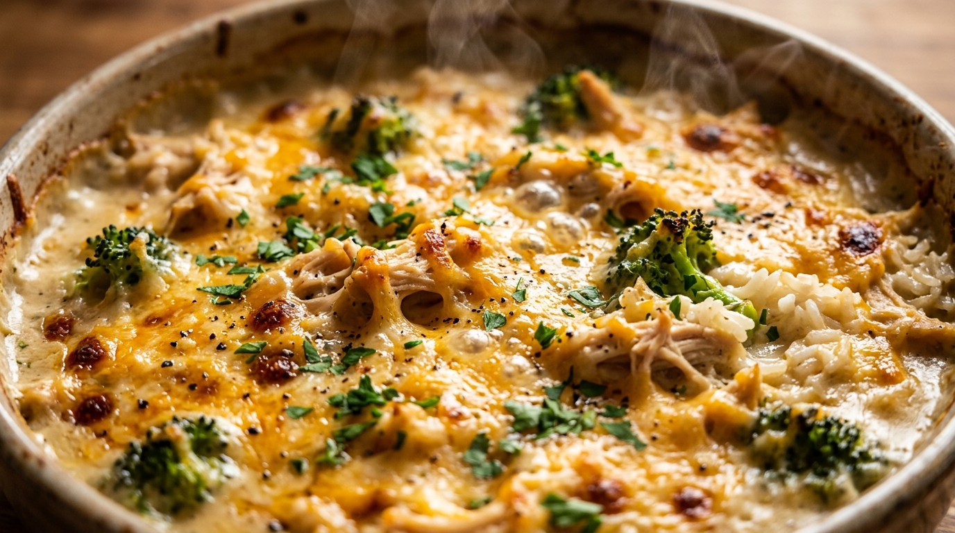 Ultra close-up macro food photography of creamy chicken and rice casserole with bubbling golden melted cheddar crust, rice, and broccoli