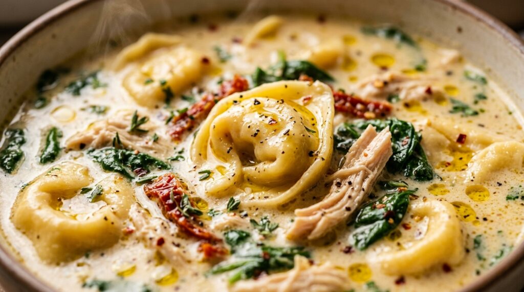 Ultra close-up macro of creamy garlic chicken tortellini soup with spinach and sun-dried tomatoes