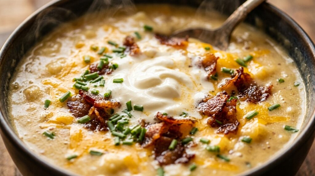 Ultra close-up macro of creamy slow cooker loaded potato soup with melted cheddar cheese and crispy beef bacon