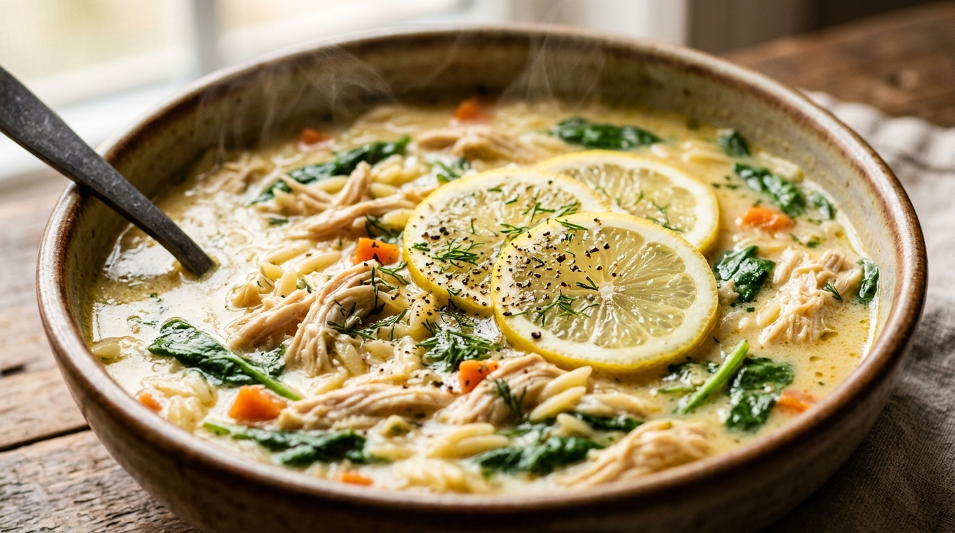 Ultra close-up macro food photography of creamy lemon chicken orzo soup in rustic bowl with tender shredded chicken, orzo, spinach, lemon wheels, and dill