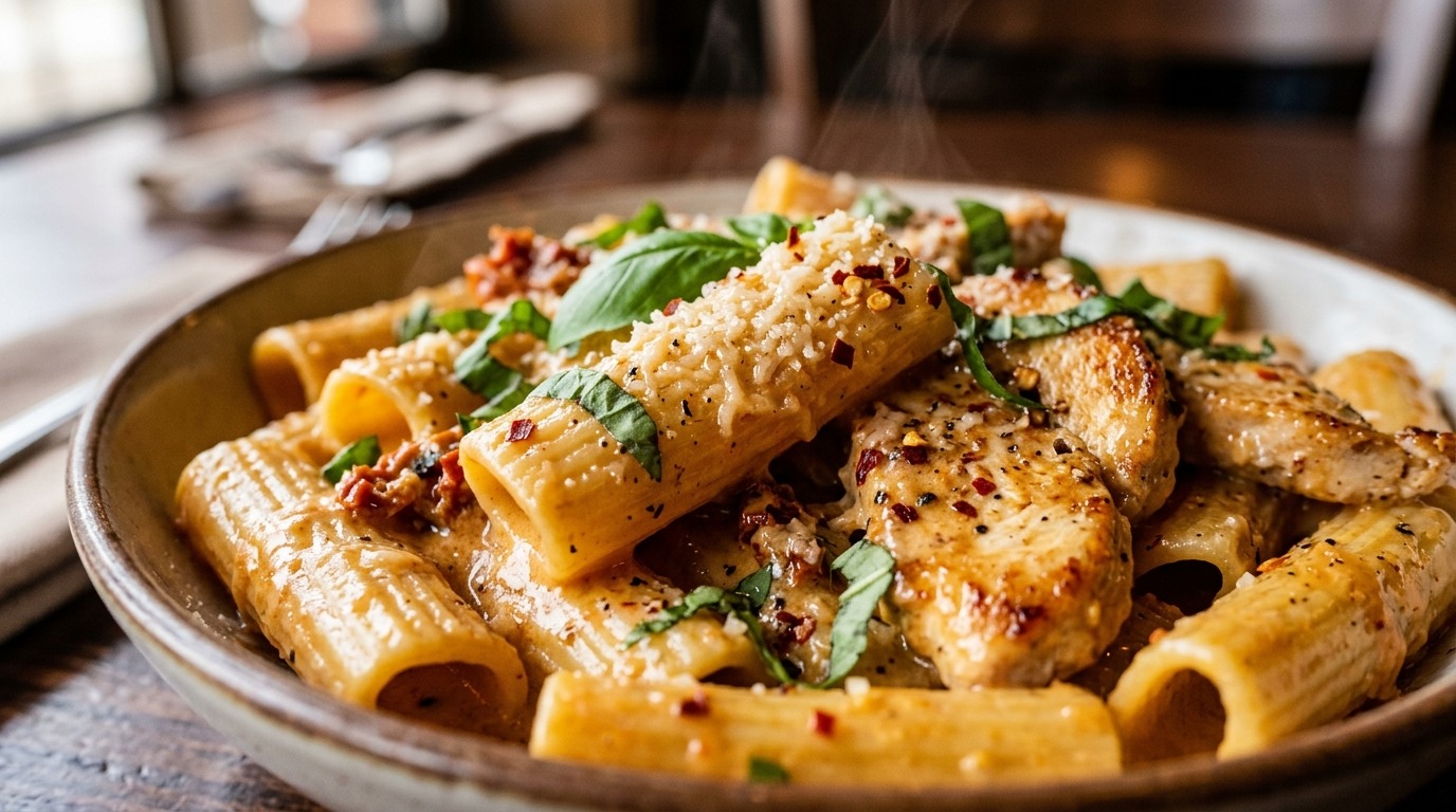 Ultra close-up macro food photography of Creamy Marry Me Chicken Rigatoni with sun-dried tomato parmesan cream sauce