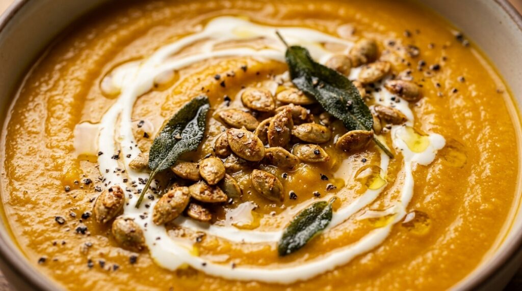 Ultra close-up macro food photography of Creamy Roasted Butternut Squash Soup with cream swirl, pepitas, and sage