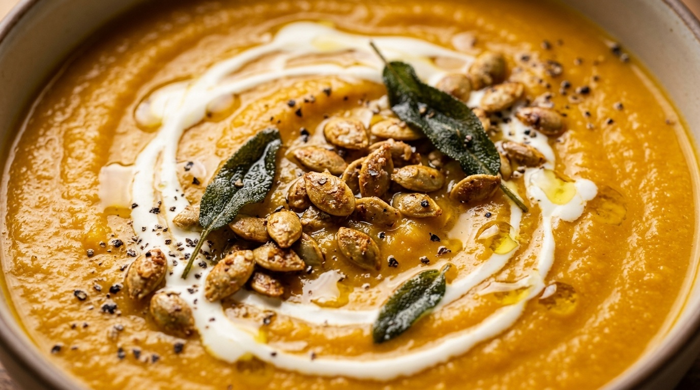 Ultra close-up macro food photography of Creamy Roasted Butternut Squash Soup with cream swirl, pepitas, and sage