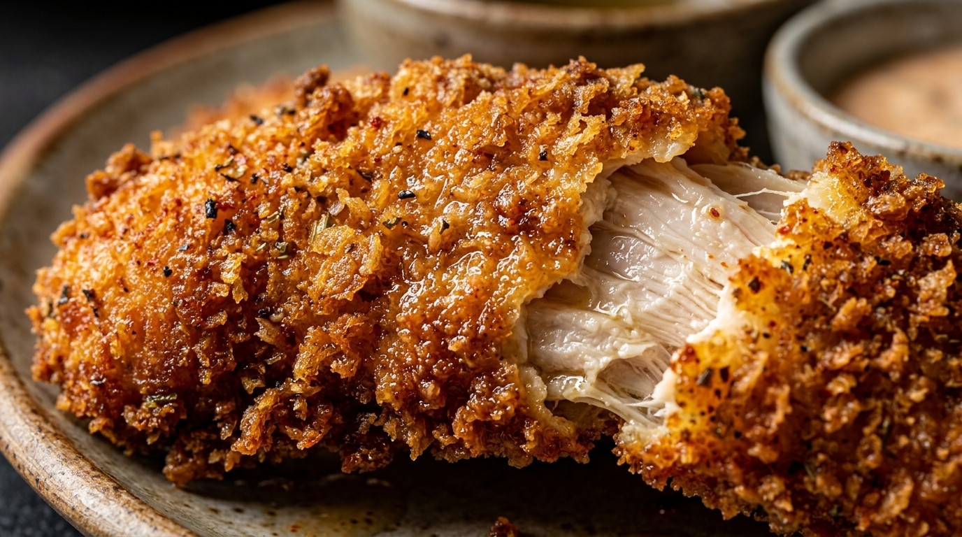 Ultra close-up macro food photography of golden crispy air fryer chicken tenders with crunchy panko coating