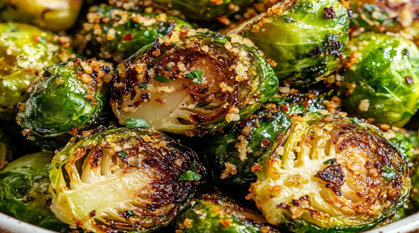 Ultra close-up macro food photography of crispy air fryer parmesan brussels sprouts with golden caramelized edges and melted cheese