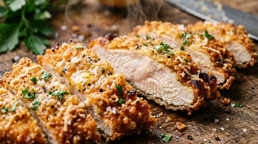 Ultra close-up macro of golden crispy air fryer parmesan crusted chicken cutlets