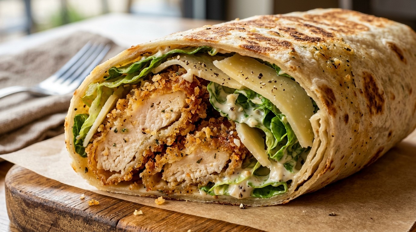 Ultra close-up macro food photography of a crispy garlic parmesan chicken caesar wrap cut in half showing golden panko chicken and romaine