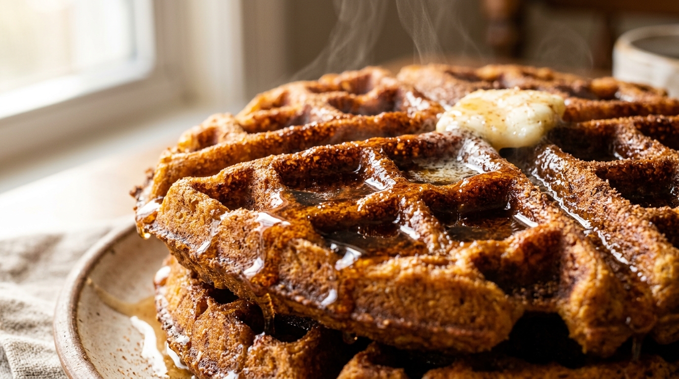 Ultra close-up macro food photography of crispy spiced pumpkin Belgian waffles with deep pockets filled with amber maple syrup and melting butter