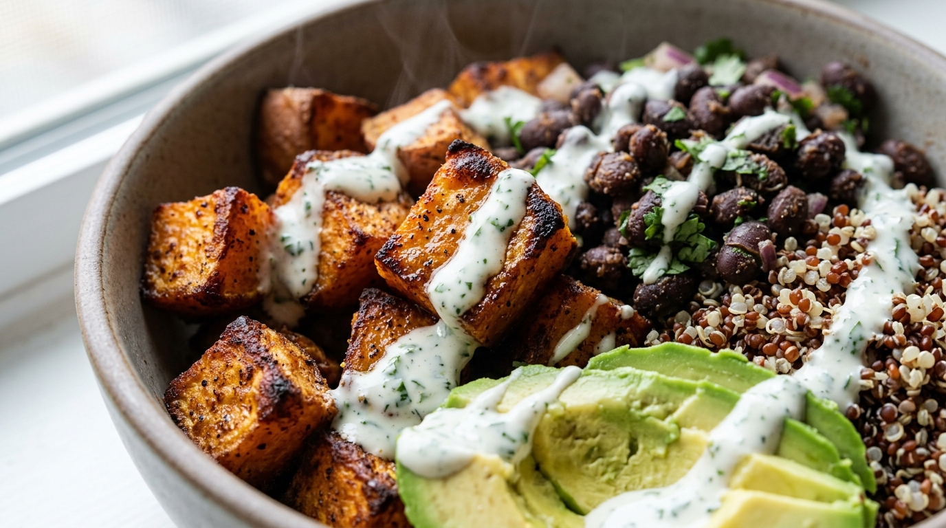 Ultra close-up macro food photography of roasted sweet potato black bean bowl with caramelized edges, quinoa, seasoned beans, and creamy cilantro dressing