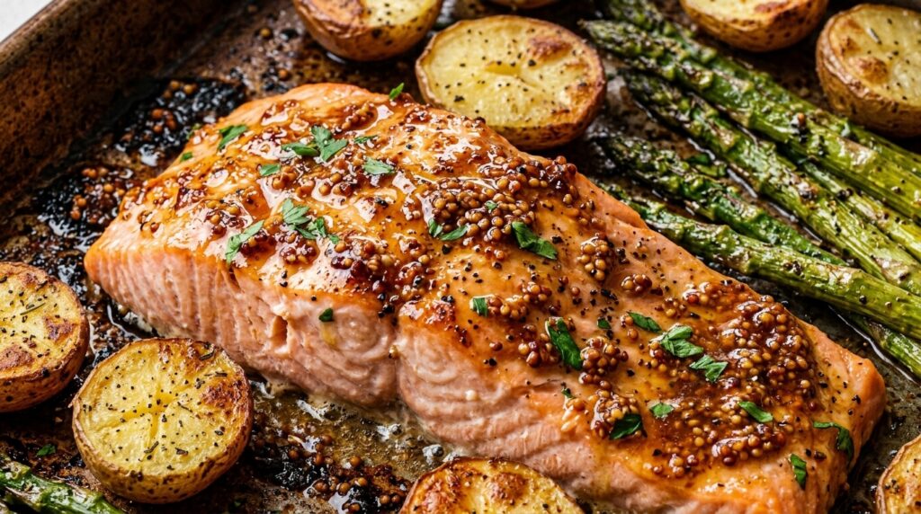 Ultra close-up macro food photography of Sheet Pan Maple Dijon Glazed Salmon with crispy potatoes and asparagus